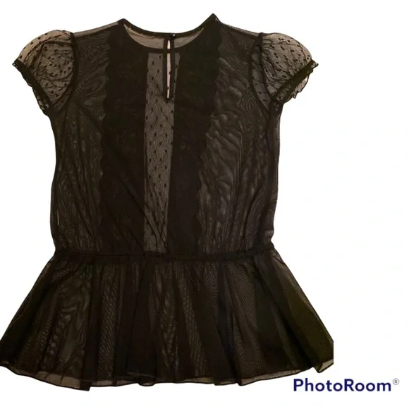 RARE SEXY VINTAGE SHEER BLACK TOP W LACE, CAP SLEEVES CINCHED WAIST BLOUSE - Picture 9 of 11